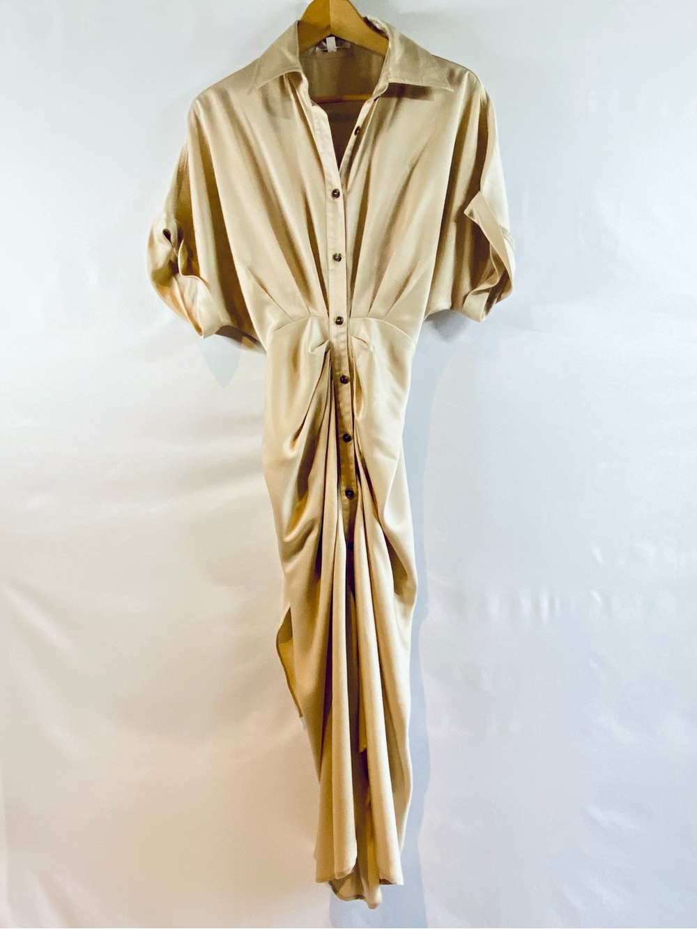 Mabel Gwen Cream Satin Tie-Front Long Sleeve Midi Shirt Dress, Size M - Picture 4 of 12